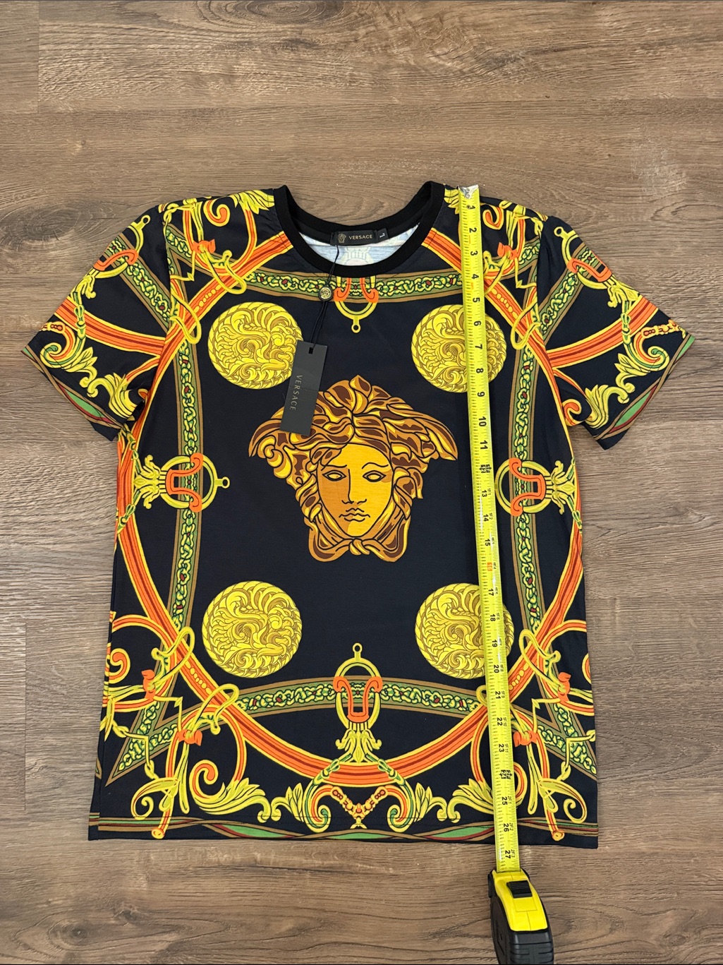 Versace Black Tee With Yellow & Orange Baroque Medusa Print Size Large